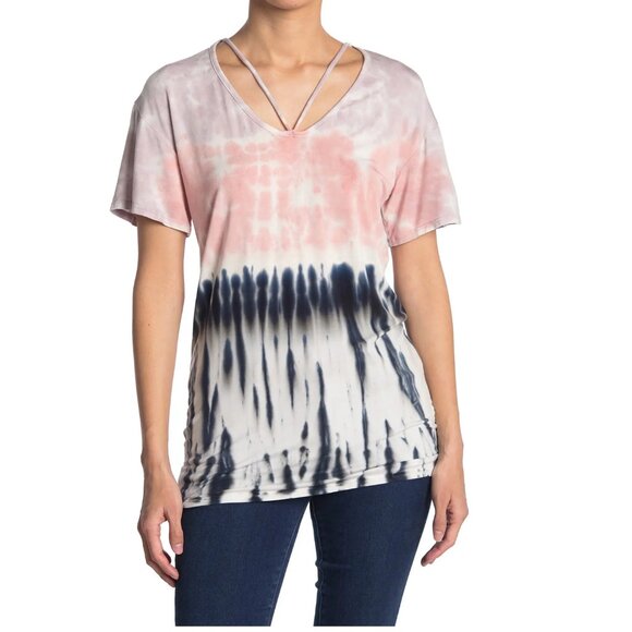 NEW Go Couture Tie Dyed Short Sleeve Scoop Neck Stretch Tee Top Shirt T-Shirt - Picture 1 of 3